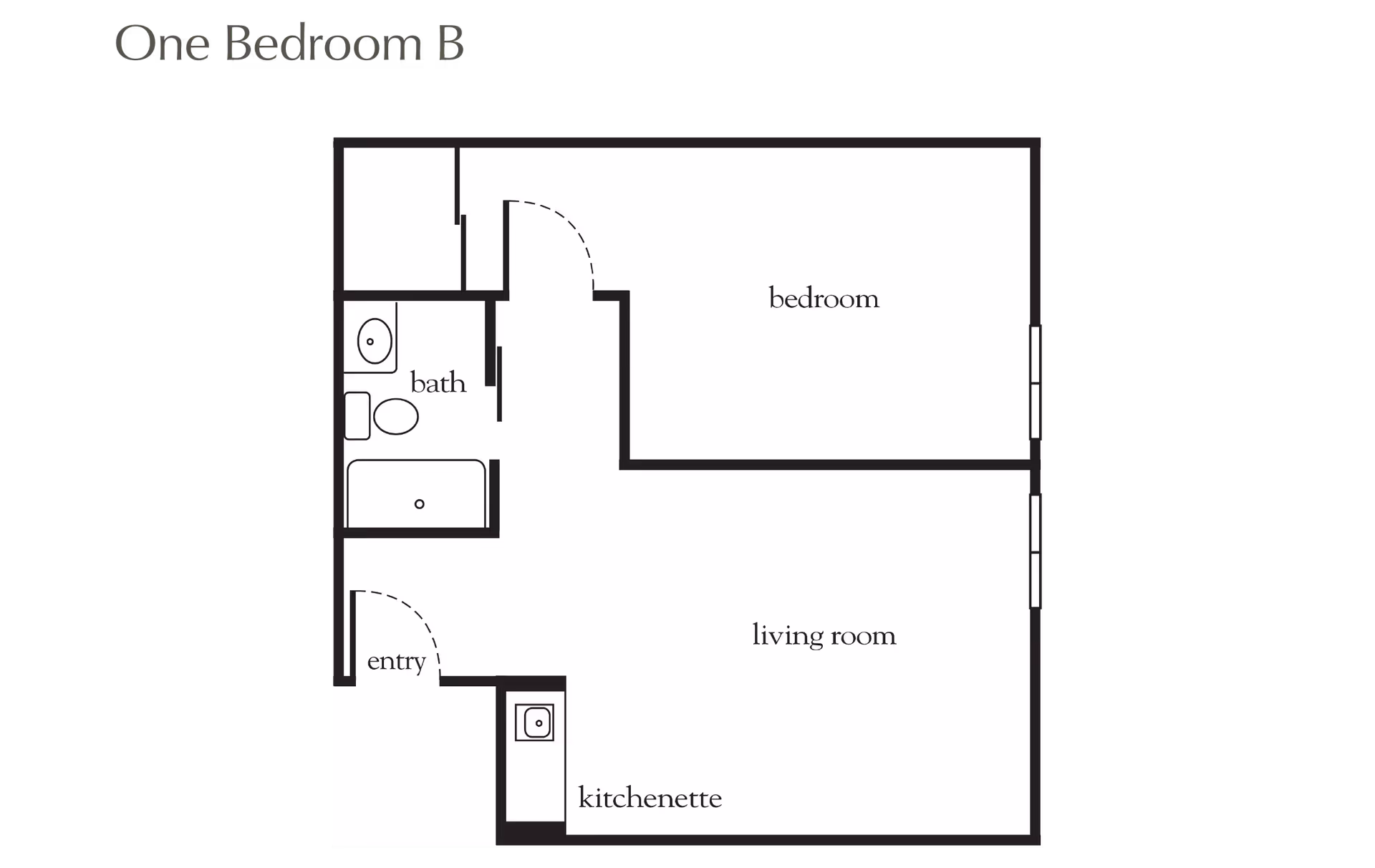 Black-and-white one-bedroom floor plan labeled 'One Bedroom B' showing a bedroom, living room, kitchenette, bath, and entry.