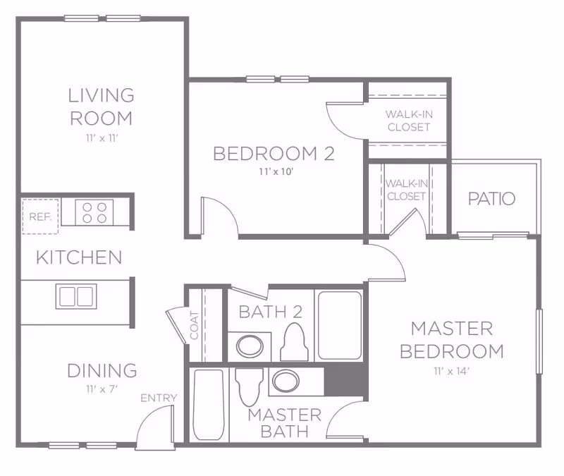 Architectural floor plan of a residential unit at First Colonial Inn showing a living room, kitchen, dining area, two bedrooms with walk-in closets, two bathrooms, a coat closet, and a patio.