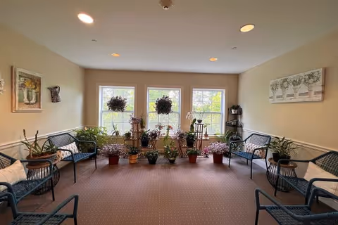 A cozy indoor sitting area with multiple blue metal benches arranged around the perimeter. The room has beige walls and three large windows letting in natural light. Numerous potted plants and flowers are placed on the floor and on stands in front of the windows. Wall art featuring floral themes decorates the walls.