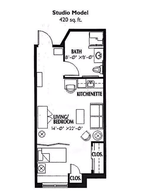 Black-and-white floor plan labeled "Studio Model 420 sq. ft." showing a bathroom, kitchenette, living/bedroom area and closets.