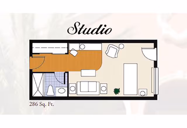 Floor plan of a studio apartment at Tuscany Villa of Naples showing a combined living and sleeping area with a sofa, chair, table, and a small kitchenette. There is a separate bathroom with a toilet and shower. The total area is 286 square feet.