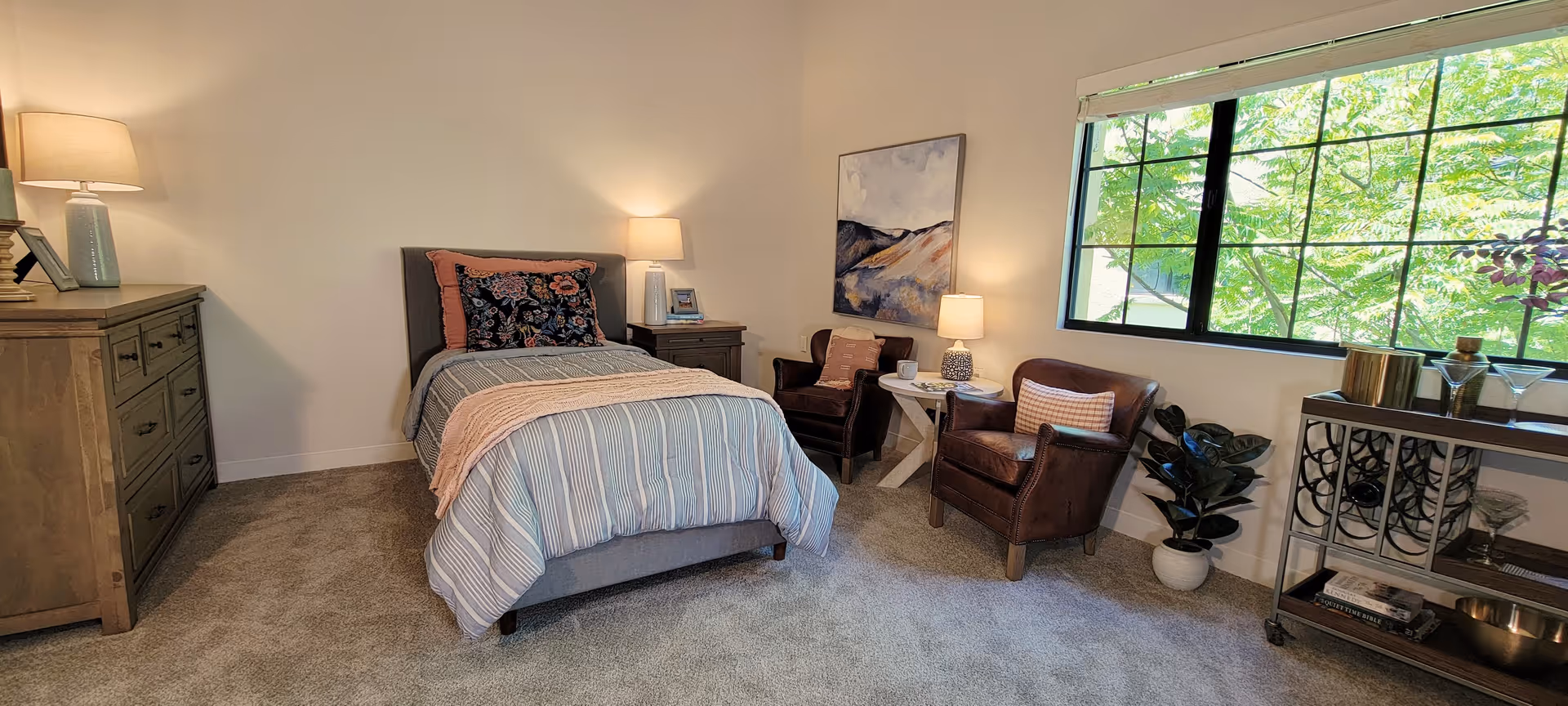 Bright furnished bedroom with a single bed, dresser, two armchairs by a large window, lamps, artwork, and plants.