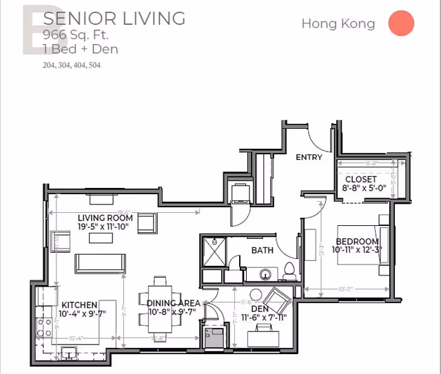 Floor plan of a senior living unit named Hong Kong with 966 square feet, featuring 1 bedroom and a den. The layout includes an entry, closet, bedroom, bathroom, den, dining area, kitchen, and living room with dimensions labeled for each room.
