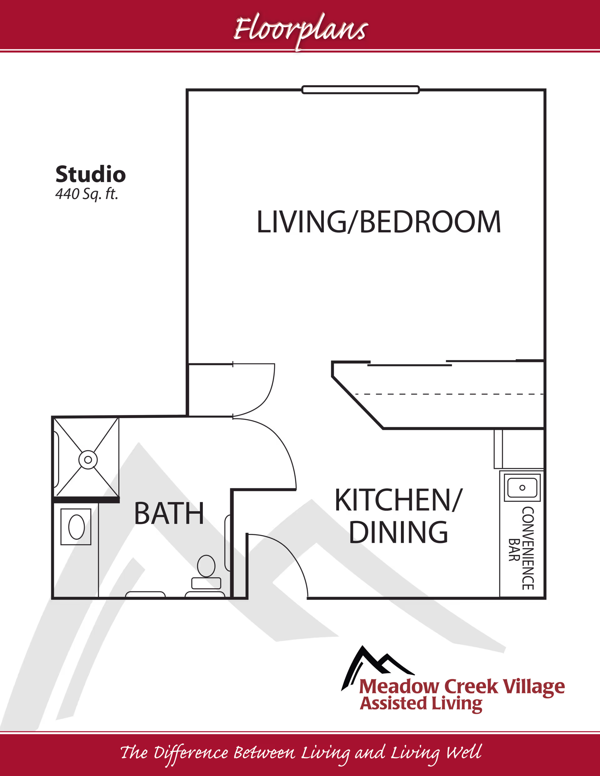 Floorplan of a studio apartment at Meadow Creek Village Assisted Living showing a living/bedroom area, a kitchen/dining area with a convenience bar, and a bathroom. The total area is 440 square feet.