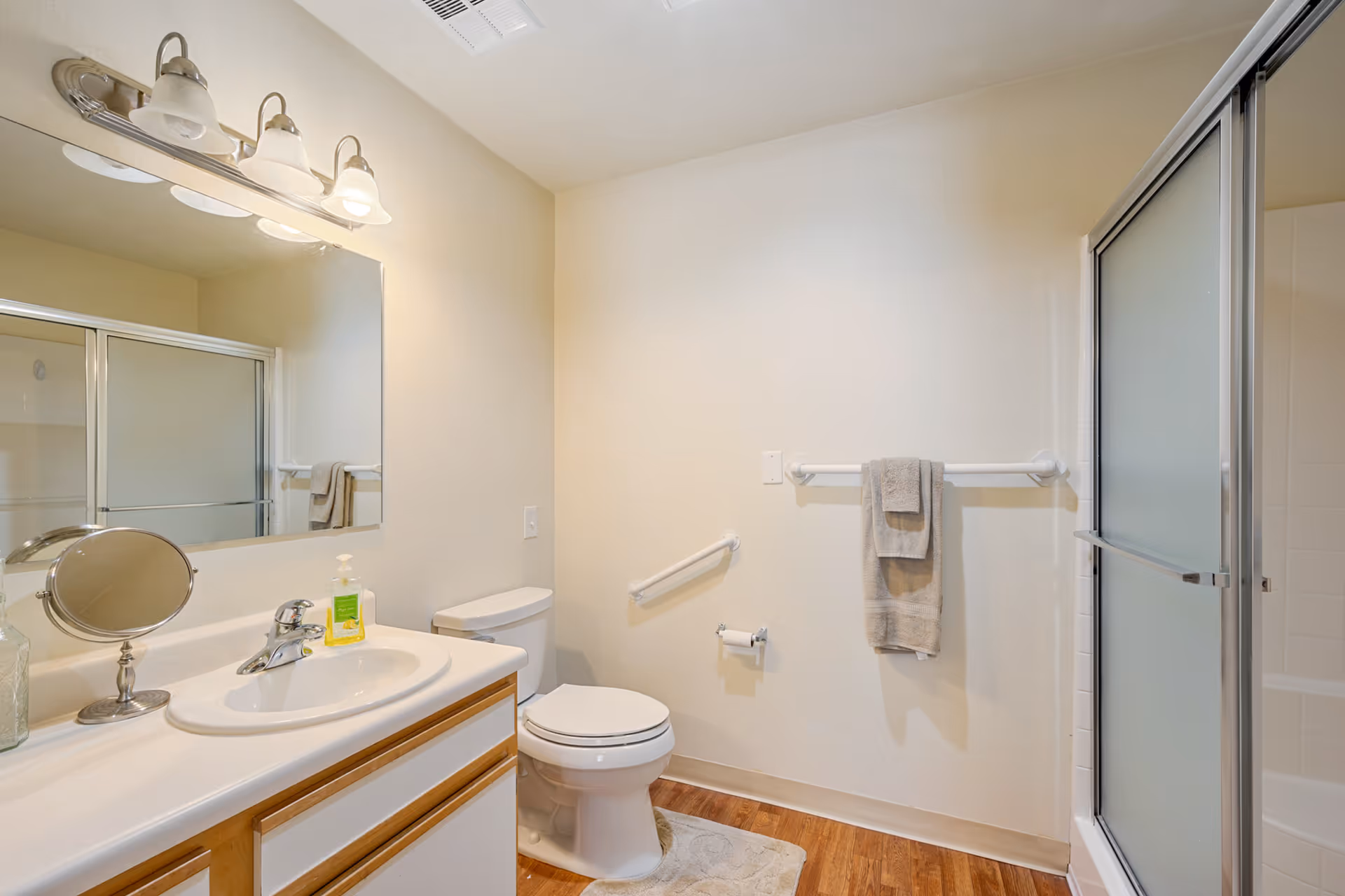 Bright bathroom with a sink and vanity, toilet, wall grab bar, towel rack, and sliding glass shower door.