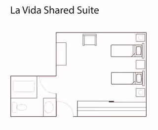 Floor plan layout of La Vida Shared Suite showing two beds, two nightstands, a bathroom with a toilet and sink, and a seating area.