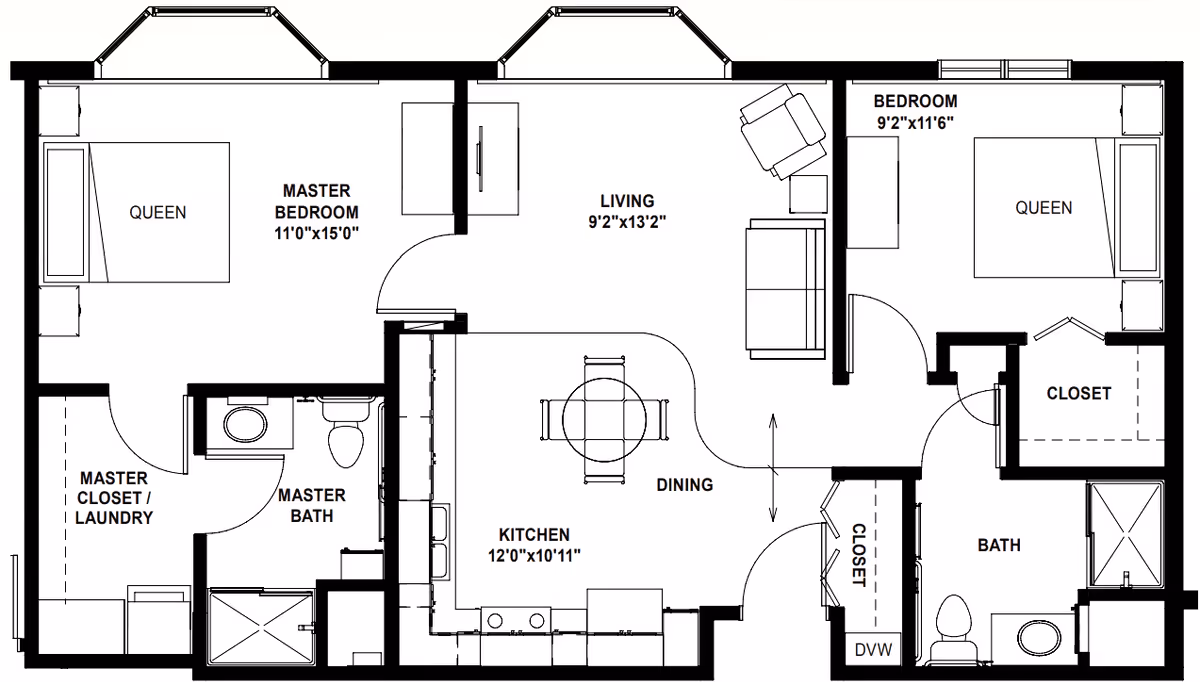 Floor plan of a senior living apartment at The Meadows Senior Community showing a master bedroom with queen bed, master closet/laundry, master bath, living area with seating, kitchen with dining area, second bedroom with queen bed and closet, and a second bathroom.