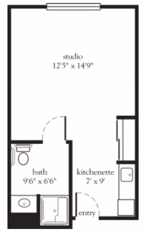Floor plan of a studio apartment featuring a main studio room measuring 12 feet 5 inches by 14 feet 9 inches, a bathroom measuring 9 feet 6 inches by 6 feet 6 inches with a toilet, sink, and shower, and a kitchenette measuring 7 feet by 9 feet near the entry door.