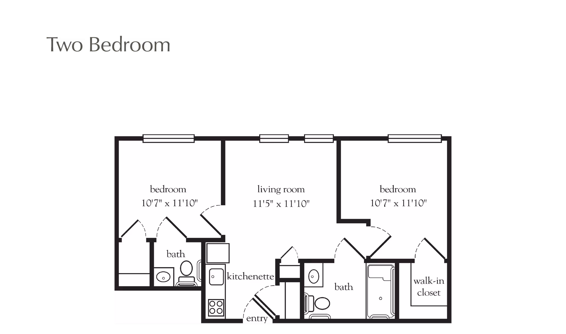 Floor plan of a two-bedroom apartment showing two bedrooms each measuring 10'7" x 11'10", a living room measuring 11'5" x 11'10", two bathrooms, a kitchenette, an entry area, and a walk-in closet.