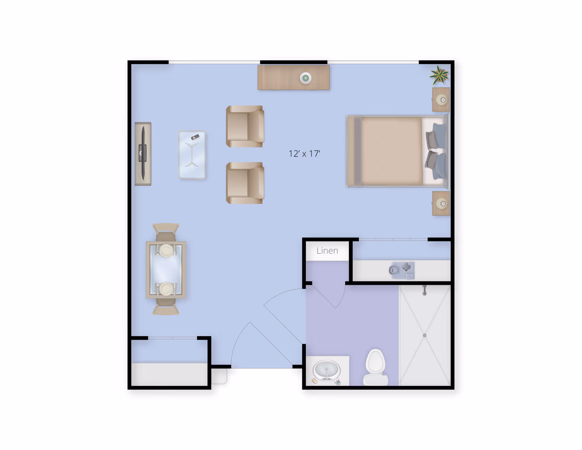 Floor plan of a senior living unit at Juniper Village at Preston Hollow showing a combined living and bedroom area measuring 12 by 17 feet, with two chairs, a coffee table, a TV, a dining table with two chairs, a bed with nightstands, a linen closet, a bathroom with a sink, toilet, and shower, and a small kitchenette area.