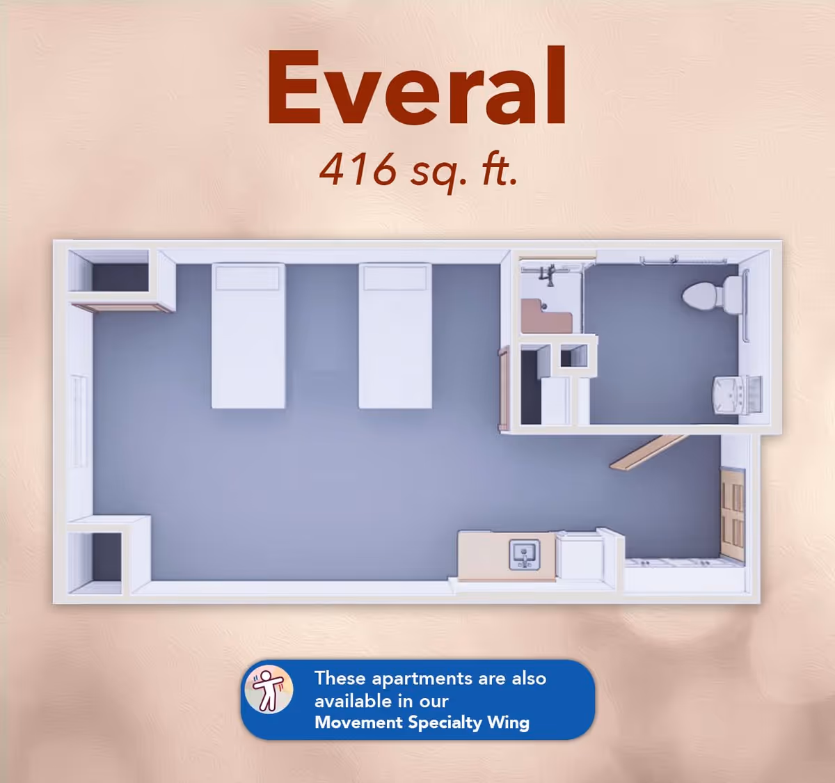 Floor plan of the Everal apartment layout measuring 416 square feet, showing two beds, a bathroom with a toilet and sink, a small kitchenette area, and an entryway.