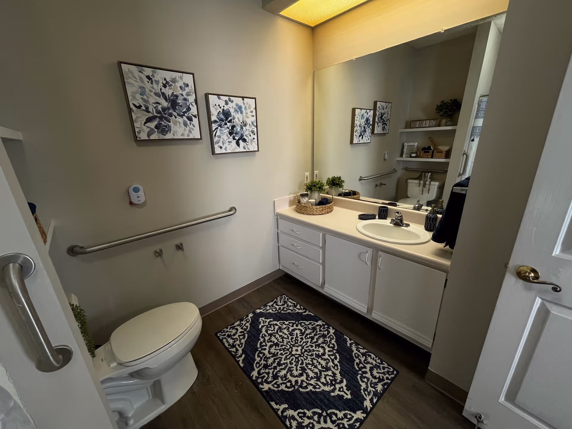 Accessible bathroom featuring a toilet with grab bars, a long vanity with sink and large mirror, wall art, and a patterned rug.