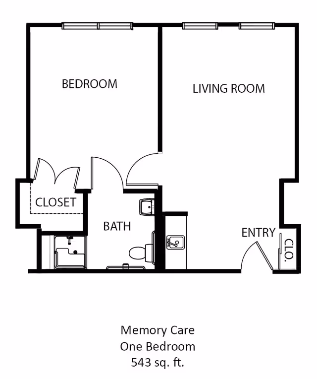 Floor plan of a memory care one-bedroom unit at Canton Regency, showing a bedroom with a closet, a bathroom, a living room, an entry area with a closet, and a total area of 543 square feet.