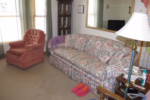 Living room with a patterned sofa, pink upholstered armchair, floor lamp, corner curio cabinet and pink slippers on the carpet.
