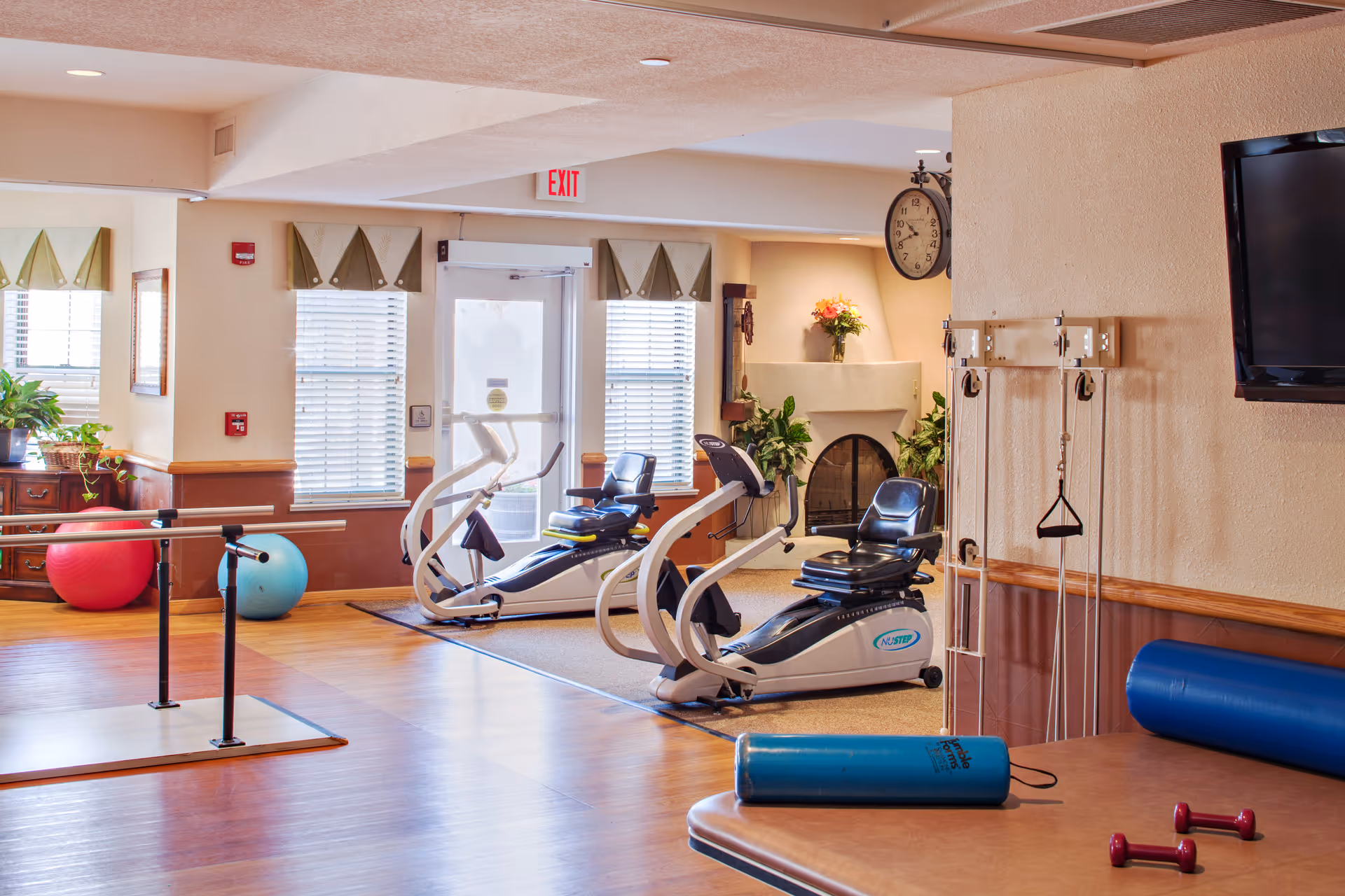 A well-lit exercise room with two recumbent stationary bikes, a set of parallel bars, exercise balls, a blue foam roller, and small red dumbbells. The room has wooden flooring, a wall-mounted TV, a fireplace with plants and flowers on the mantel, and windows with blinds and valances.