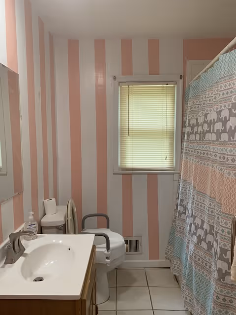 Bathroom with pink and white vertical striped walls, a white sink with a faucet, a toilet with a raised seat and armrests, a window with closed blinds, and a shower with a patterned curtain featuring elephants and geometric designs.