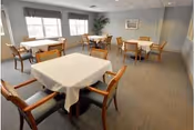A dining room with several square tables covered with white tablecloths, each surrounded by wooden chairs with armrests. The room has large windows with valances, light-colored walls, and carpeted flooring. There is a framed picture on the wall and a potted plant in the corner.