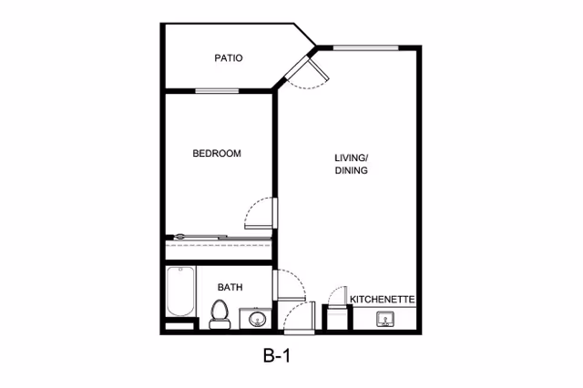 Floor plan labeled B-1 showing a layout with a patio, bedroom, bathroom, living/dining area, and kitchenette.