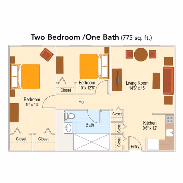 Floor plan of a two-bedroom, one-bath apartment with a total area of 775 square feet. The layout includes two bedrooms, a bathroom, a hall, a living room, and a kitchen. The bedrooms have closets, and the living room is furnished with seating and a table. The kitchen includes appliances and cabinetry. The entryway leads into the kitchen area.