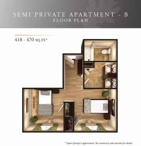 Floor plan of a semi-private apartment labeled B, showing two separate bedrooms each with a bed, nightstand, and window. The apartment includes a shared bathroom with a shower, toilet, and double sink vanity. The total area is approximately 418 to 470 square feet.