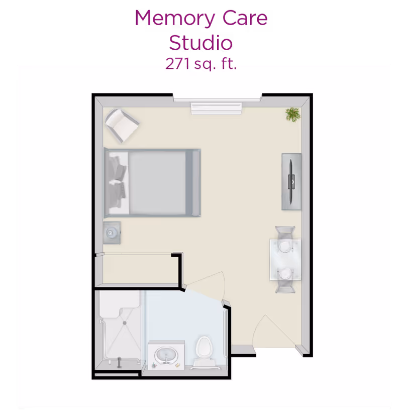 Top-down floor plan of a 271 sq. ft. memory care studio showing a bed, chair, TV, small dining table, closet and a bathroom with shower and toilet.