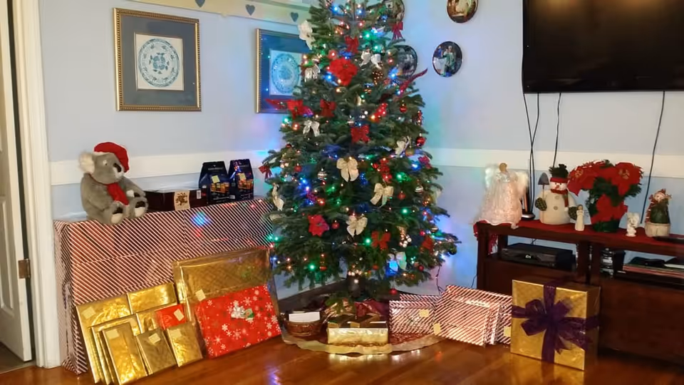 A Christmas tree with presents and festive decorations sits in a cozy living area.