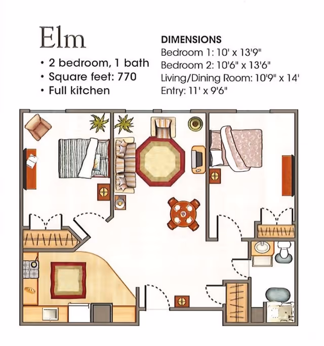 Floor plan of Elm apartment featuring 2 bedrooms, 1 bathroom, a full kitchen, and a combined living/dining room. The layout includes dimensions for each room and shows furniture placement such as beds, sofa, dining table, and kitchen appliances.