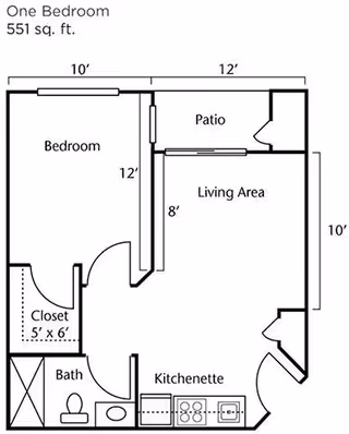Floor plan of a one-bedroom apartment with 551 square feet. The layout includes a bedroom measuring 10 by 12 feet, a closet measuring 5 by 6 feet, a bathroom with a toilet and sink, a kitchenette with a stove and sink, a living area measuring 8 by 10 feet, and a patio accessible from the living area.