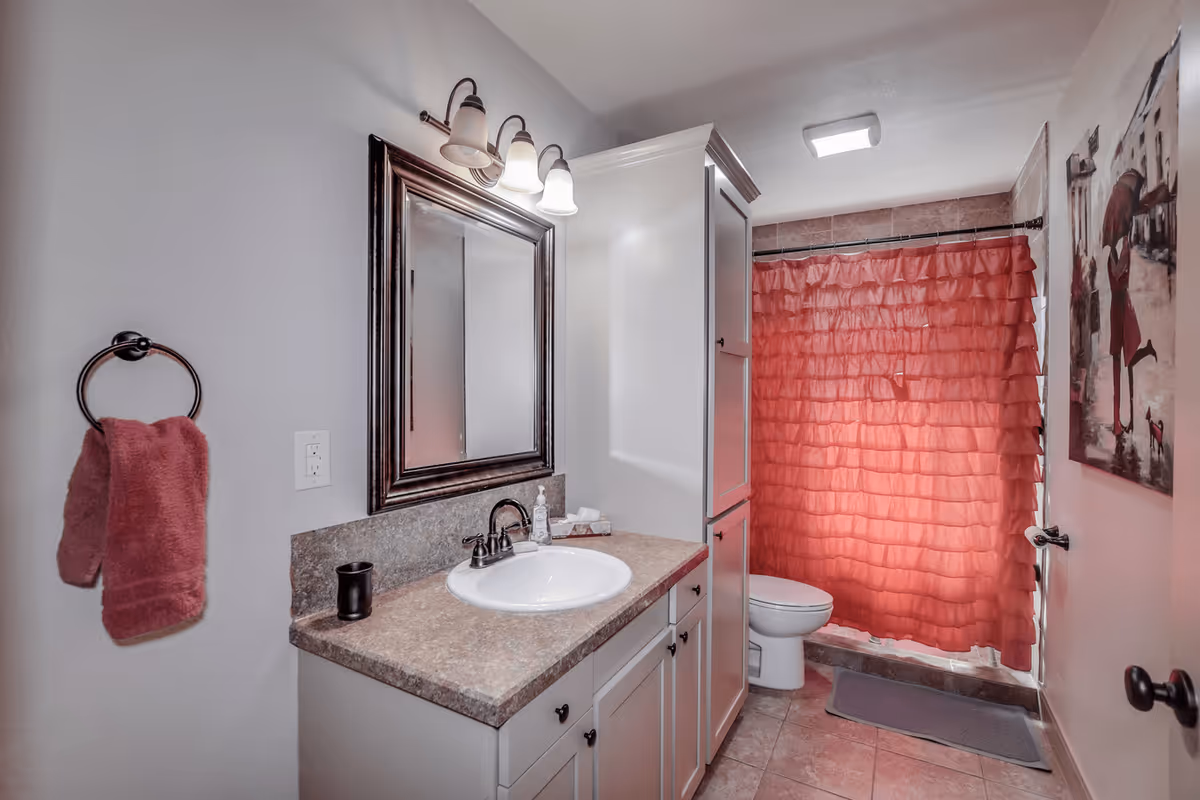 Small bathroom with a single-sink vanity and mirror, a tall storage cabinet, toilet, and a red ruffled shower curtain.