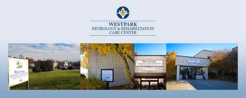 Collage of four images showing different views of Westpark Neurology & Rehabilitation Care Center. The first image shows a sign on a grassy area with buildings and trees in the background. The second image shows a brick wall with a small sign and yellow autumn leaves on a tree. The third image shows the entrance sign of the care center on a brick wall. The fourth image shows the main entrance of the building with glass doors and a walkway, surrounded by trees with autumn foliage.