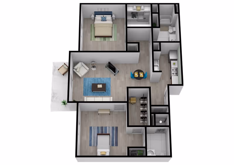 3D floor plan of a senior living apartment featuring two bedrooms, a living room with seating and a TV, a small dining area with a round table and two chairs, a kitchen with appliances, a bathroom with a bathtub, and a small outdoor patio with a chair and table.