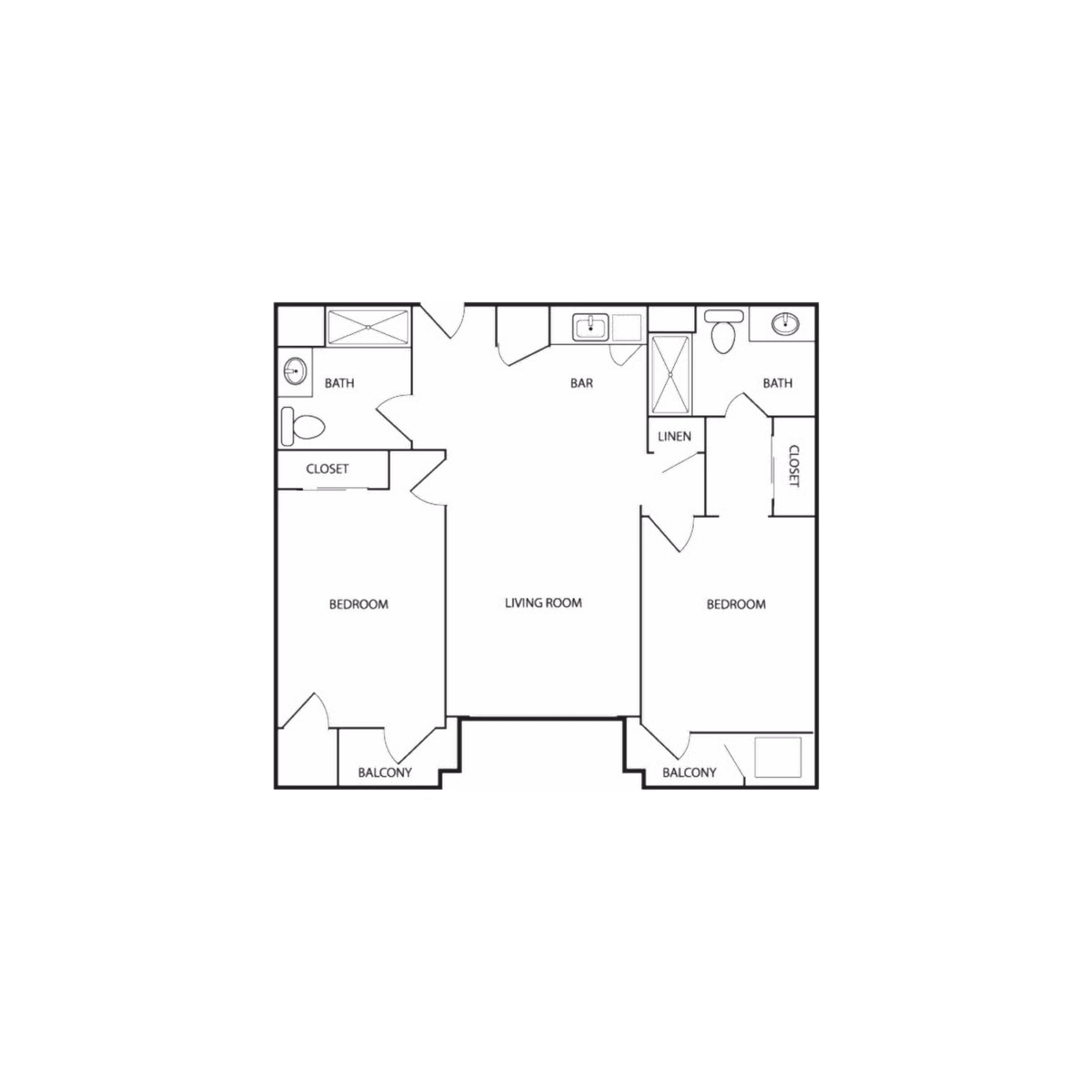 Architectural floor plan showing a layout with two bedrooms, two bathrooms, a living room, a bar area, closets, linen storage, and two balconies.