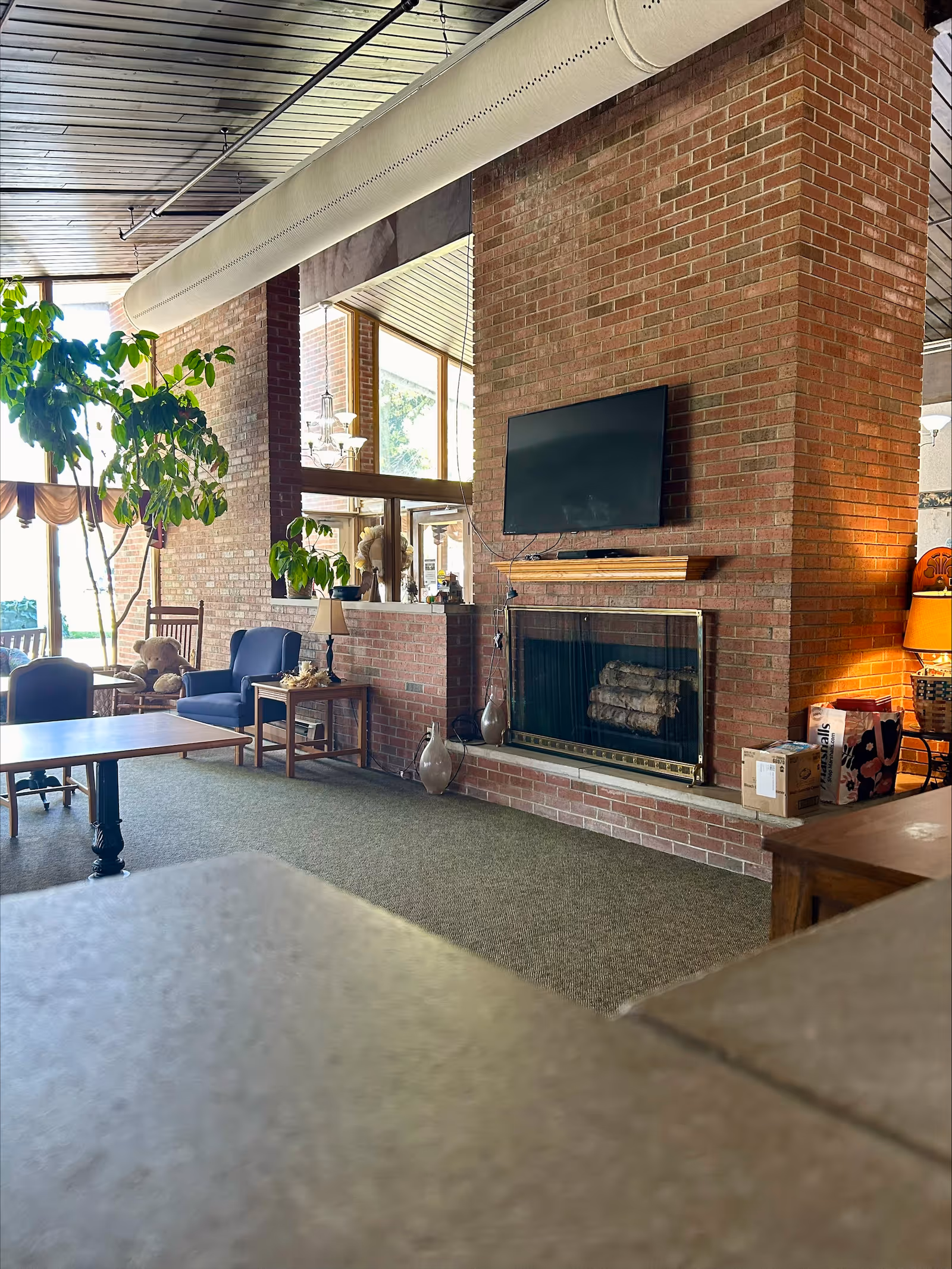 Cozy communal lounge with a large brick fireplace and mounted TV, seating, plants, and large windows.