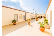 Bright outdoor courtyard area with beige walls and several potted plants placed along the walkway under a partly cloudy sky.