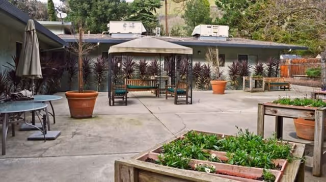 Outdoor patio area with concrete flooring, a gazebo with benches underneath, several large potted plants, a round table with an umbrella, and raised garden beds with green plants. The area is surrounded by a building and trees in the background.