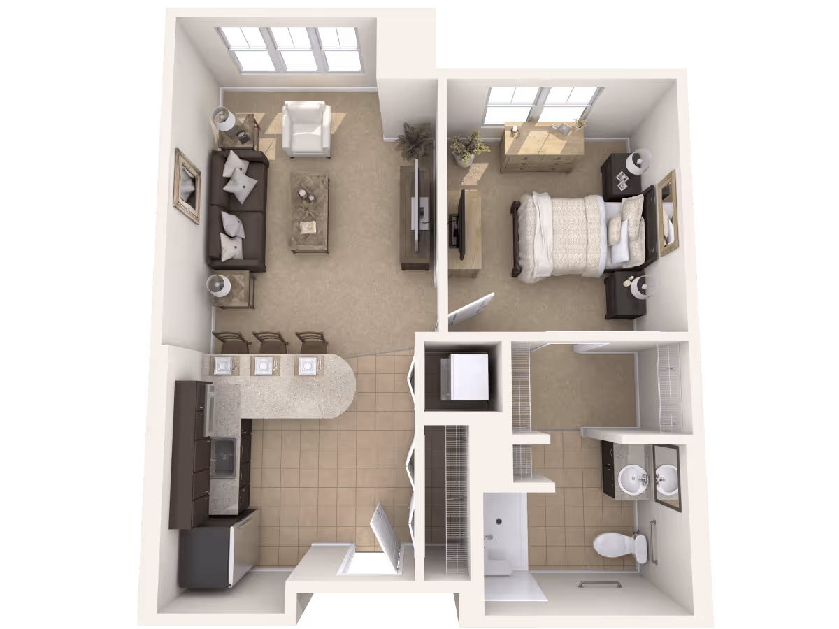 Top-down view of a one-bedroom apartment floor plan featuring a living room with a sofa, armchair, coffee table, and TV stand; a kitchen with a refrigerator, stove, sink, and breakfast bar with three stools; a bedroom with a bed, two nightstands, dresser, and TV; a bathroom with a toilet, sink, and shower; and a laundry area with a washer and dryer.