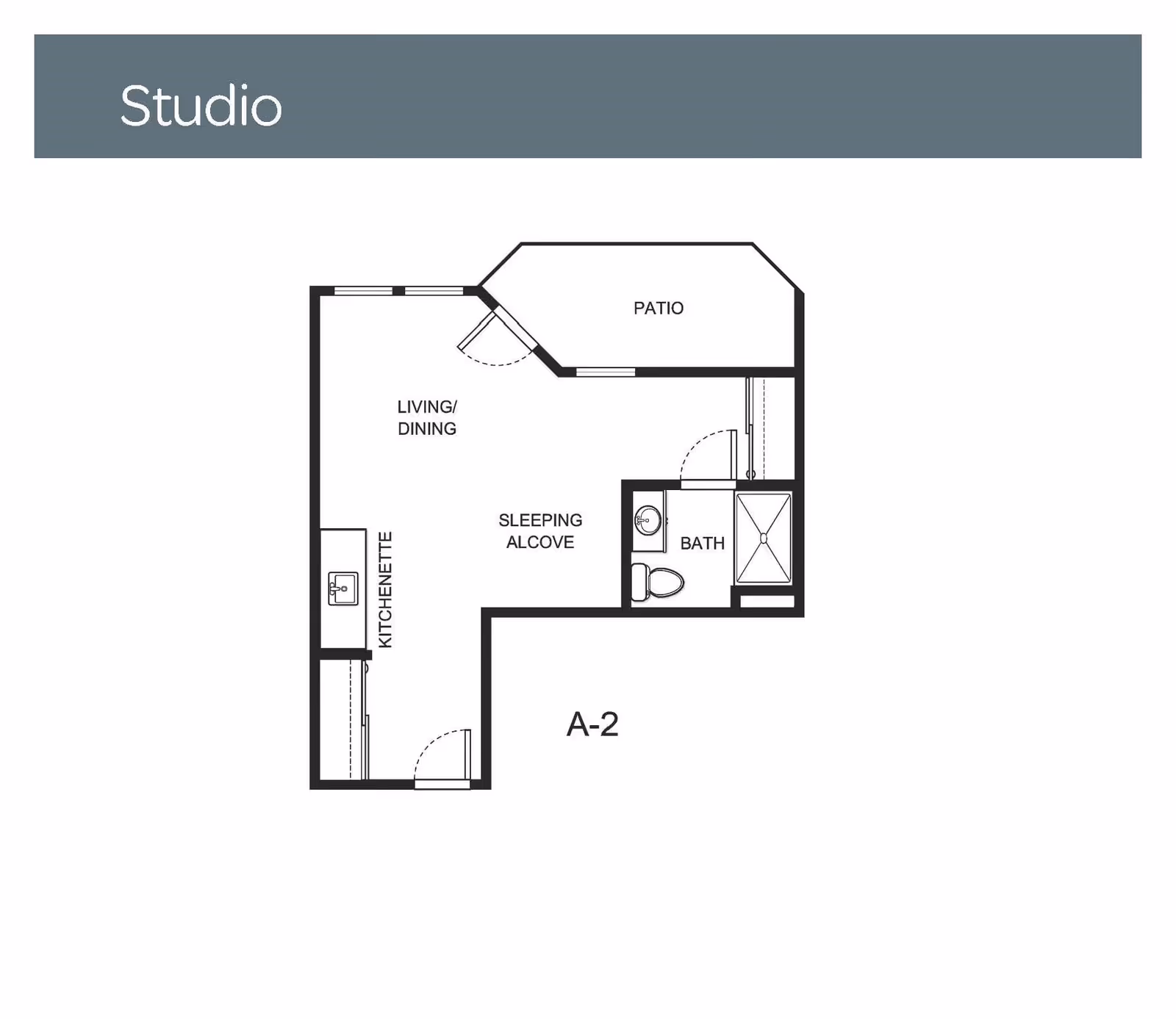 Floor plan layout of a studio apartment labeled A-2, showing a kitchenette, living/dining area, sleeping alcove, bathroom, and a patio.