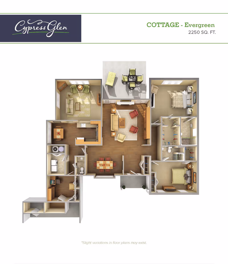 3D floor plan of the Cypress Glen Retirement Community Cottage Evergreen model, showing a 2250 square foot layout with two bedrooms, two bathrooms, a living room, dining area, kitchen, laundry room, and an outdoor patio with seating.