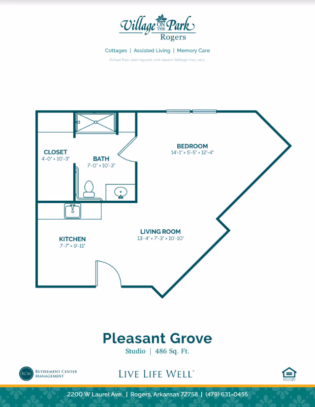 Floor plan for the "Pleasant Grove" studio showing labeled kitchen, living room, bedroom, bath, and closet.