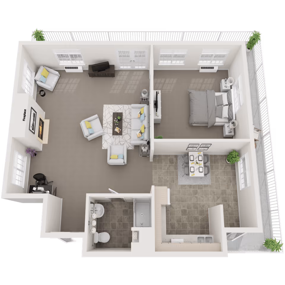 Top-down 3D floor plan of a one-bedroom apartment showing a living room with fireplace, adjacent bedroom, bathroom, kitchen and dining area, and a balcony.