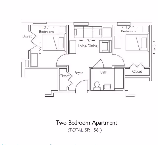 Floor plan of a two-bedroom apartment showing two bedrooms each with a closet, a combined living and dining area, a foyer with a closet, and a bathroom. The total square footage is 458.