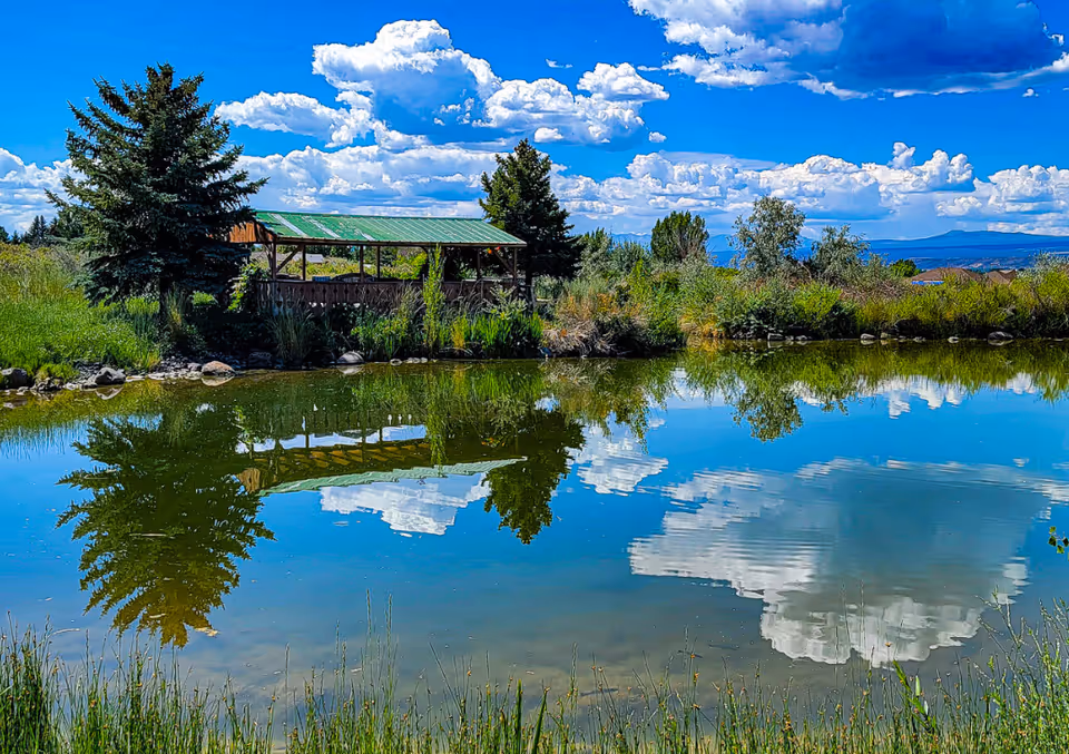 A serene outdoor scene featuring a small pond reflecting a partly cloudy blue sky, surrounded by green grass, bushes, and trees. A wooden gazebo with a green roof is situated near the pond, with mountains visible in the distant background.