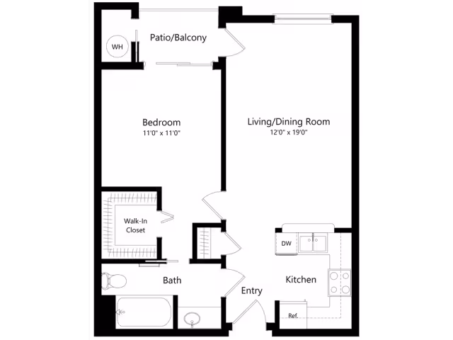 Floor plan of a one-bedroom apartment at Overture Rancho Santa Margarita showing a bedroom with walk-in closet, bathroom, kitchen, living/dining room, entry, and a patio/balcony.