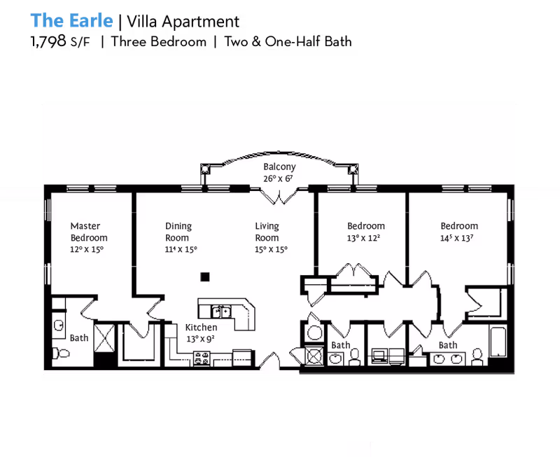 Floor plan of an apartment named The Earle at Cascades Verdae showing a master bedroom with attached bath, two additional bedrooms, two more bathrooms, a kitchen, dining room, living room, and a balcony.