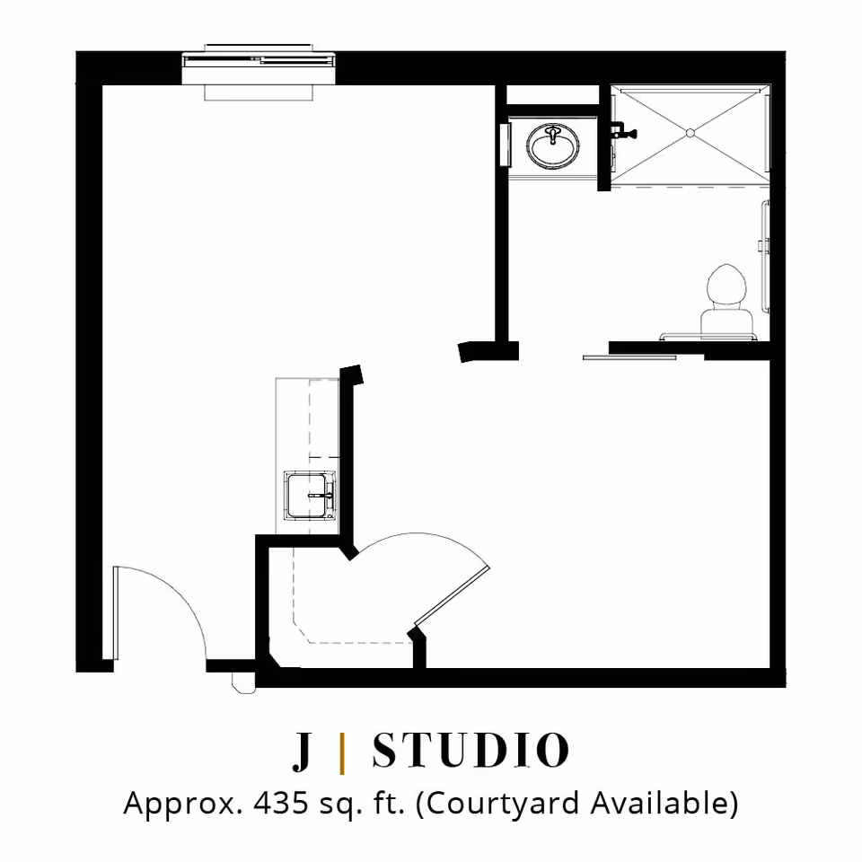 Black-and-white floor plan labeled 'J Studio' showing a 435 sq. ft. studio layout with a kitchenette, bathroom, and entry door.