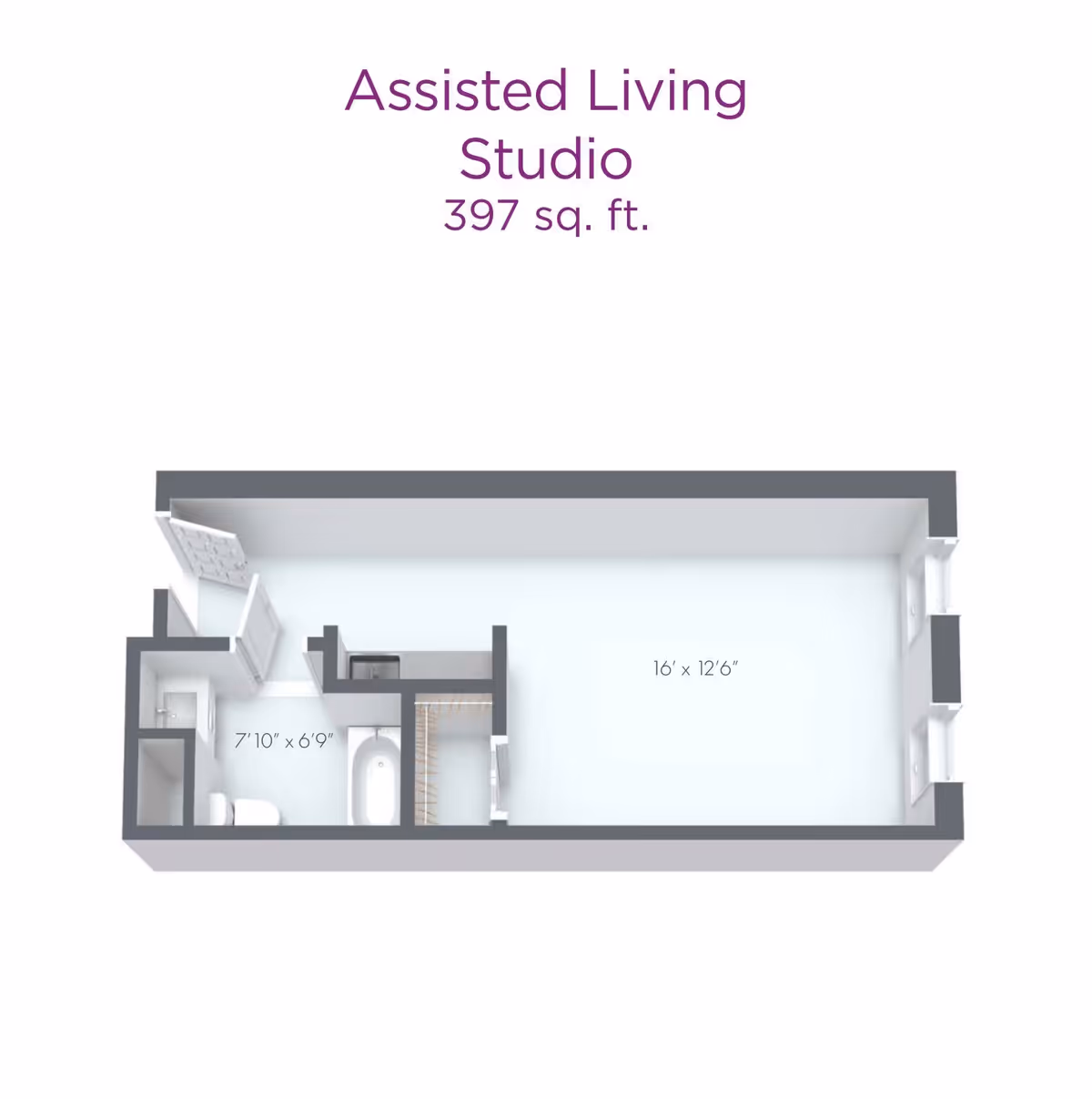 3D floor plan of an assisted living studio apartment measuring 397 square feet, showing a main living area of 16 feet by 12 feet 6 inches, and a bathroom area of 7 feet 10 inches by 6 feet 9 inches with a bathtub, toilet, and sink.