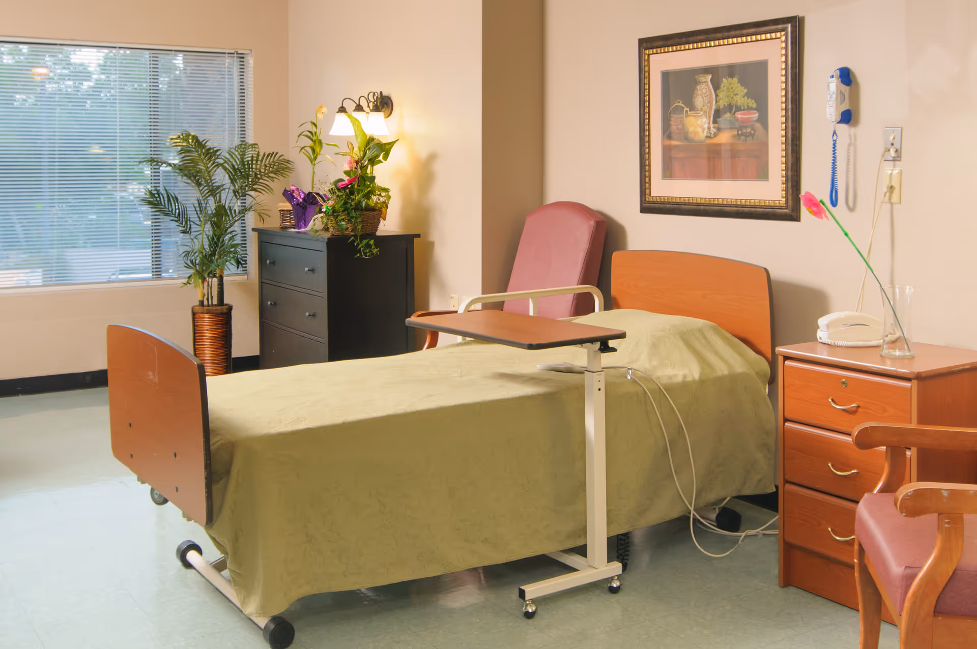 A senior care room with a single hospital-style bed covered by a green blanket, an overbed table, nightstand, dresser, chairs, and a potted plant by a window.