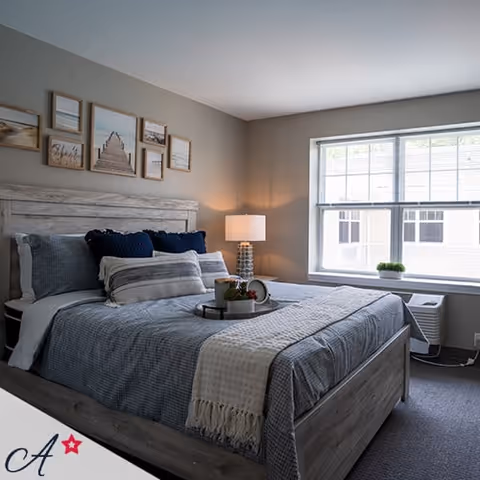 A cozy bedroom with a wooden bed frame, neatly made bed with gray and blue bedding, decorative pillows, a tray with plants and a clock on the bed, a bedside table with a lamp, a large window letting in natural light, and framed pictures on the wall above the headboard.