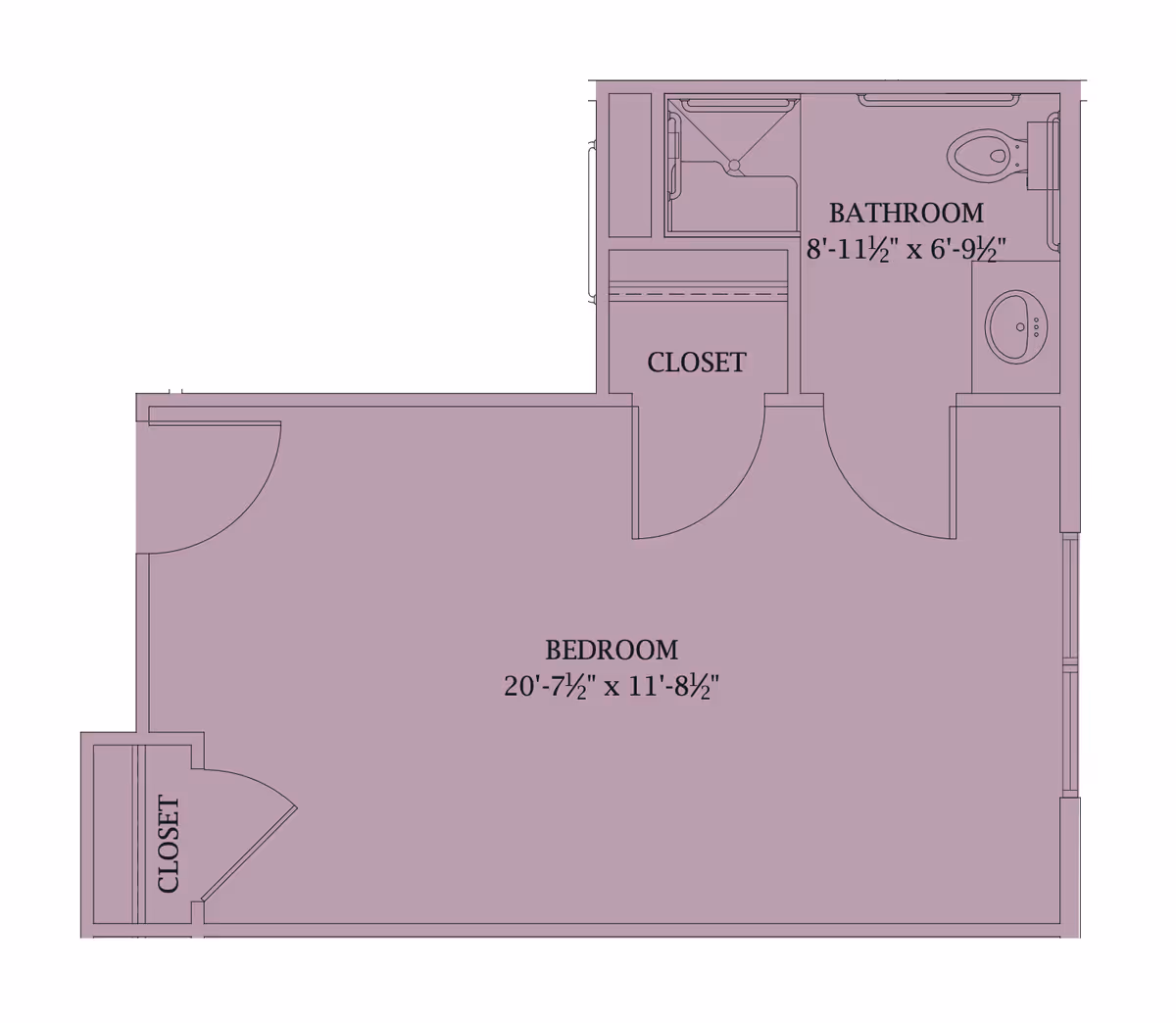 Floor plan layout of a senior living unit at The Ridglea Senior Living, showing a bedroom measuring 20 feet 7.5 inches by 11 feet 8.5 inches, a bathroom measuring 8 feet 11.5 inches by 6 feet 9.5 inches, and two closets.
