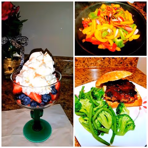 A collage of three images showing food items: a dessert glass filled with strawberries, blueberries, and whipped cream; a skillet with cooked mixed vegetables including bell peppers and onions; and a plate with a grilled burger patty on a bun served with steamed broccoli.
